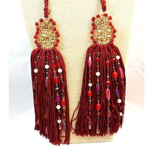 Vintage Baroque Gold Tone/Red Silk Fringe Rhinestones Pearls beads Tassel Pair